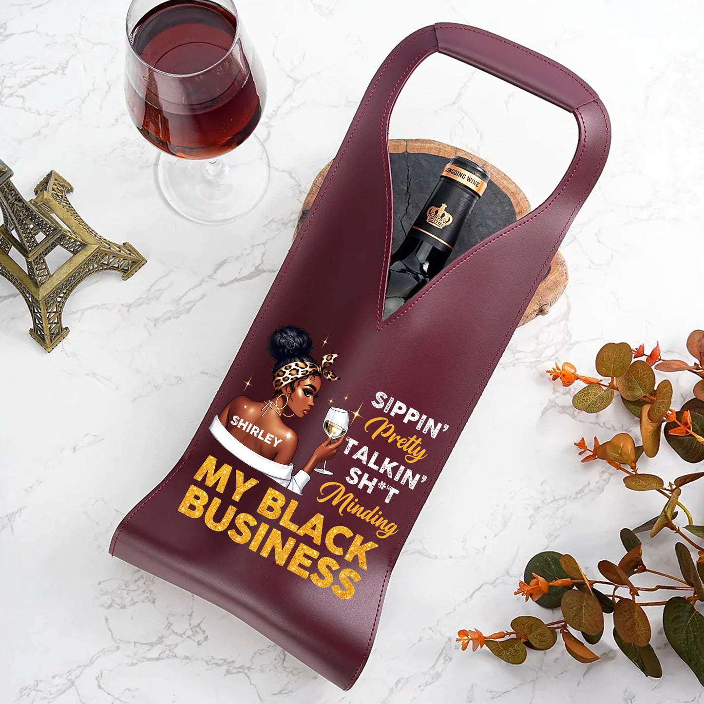 Minding My Black Business - Personalized Leather Wine Bag