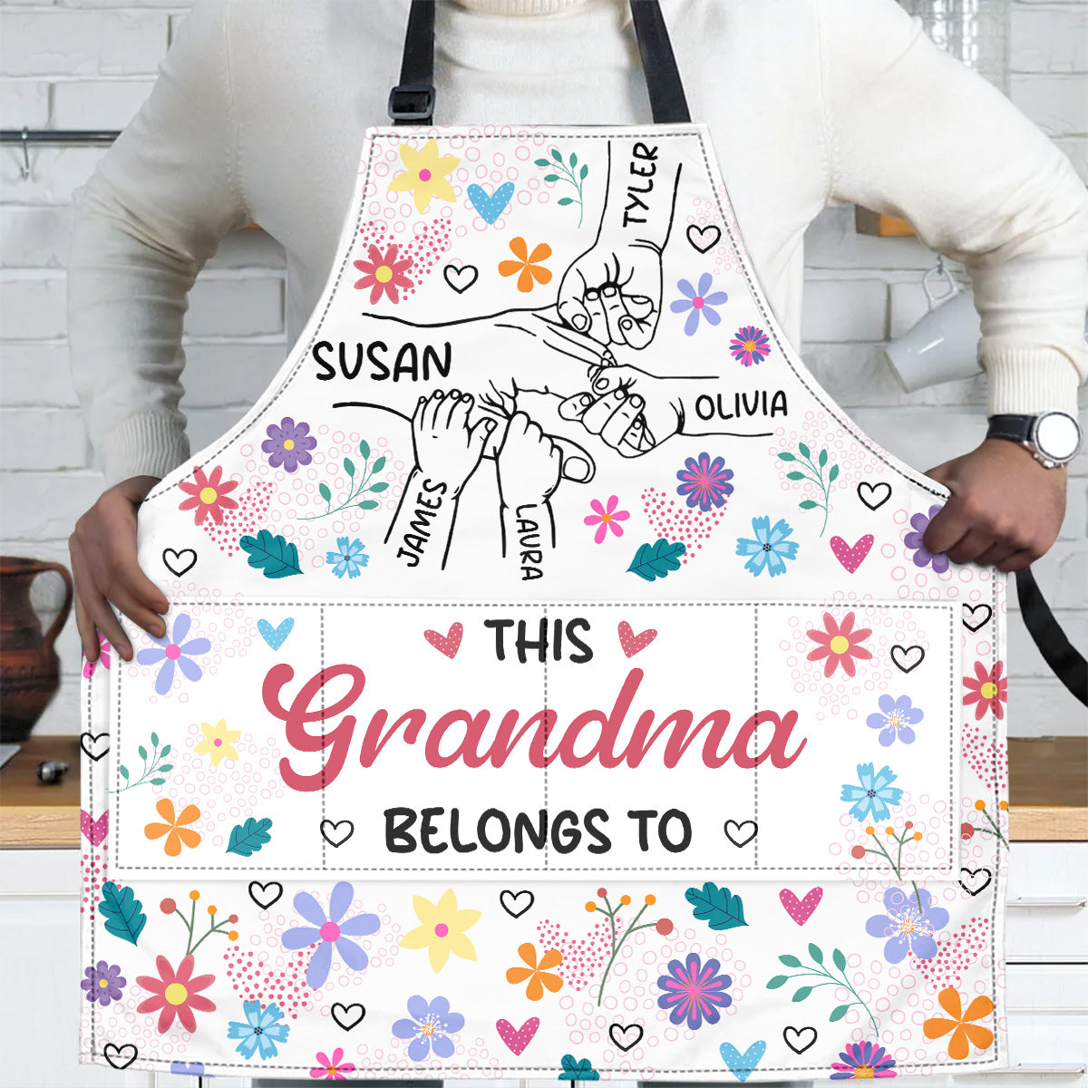 Grandma Holding Hands With Colorful Flowers - Personalized Apron With Packet