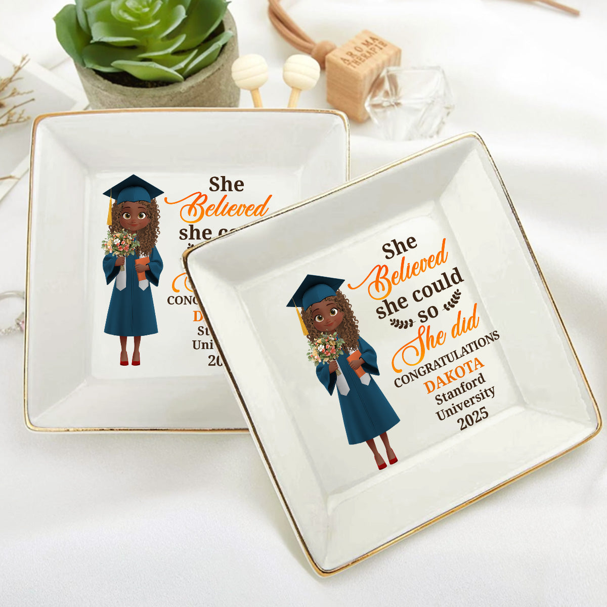 She Believed She Could So She Did - Personalized Square Shaped Jewelry Dish
