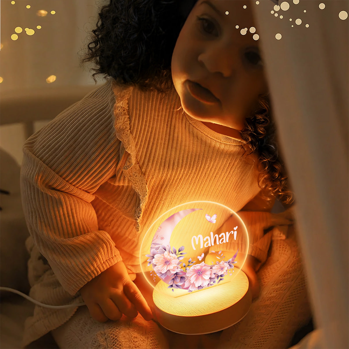 Floral Moon - Personalized Round Base LED Night Light