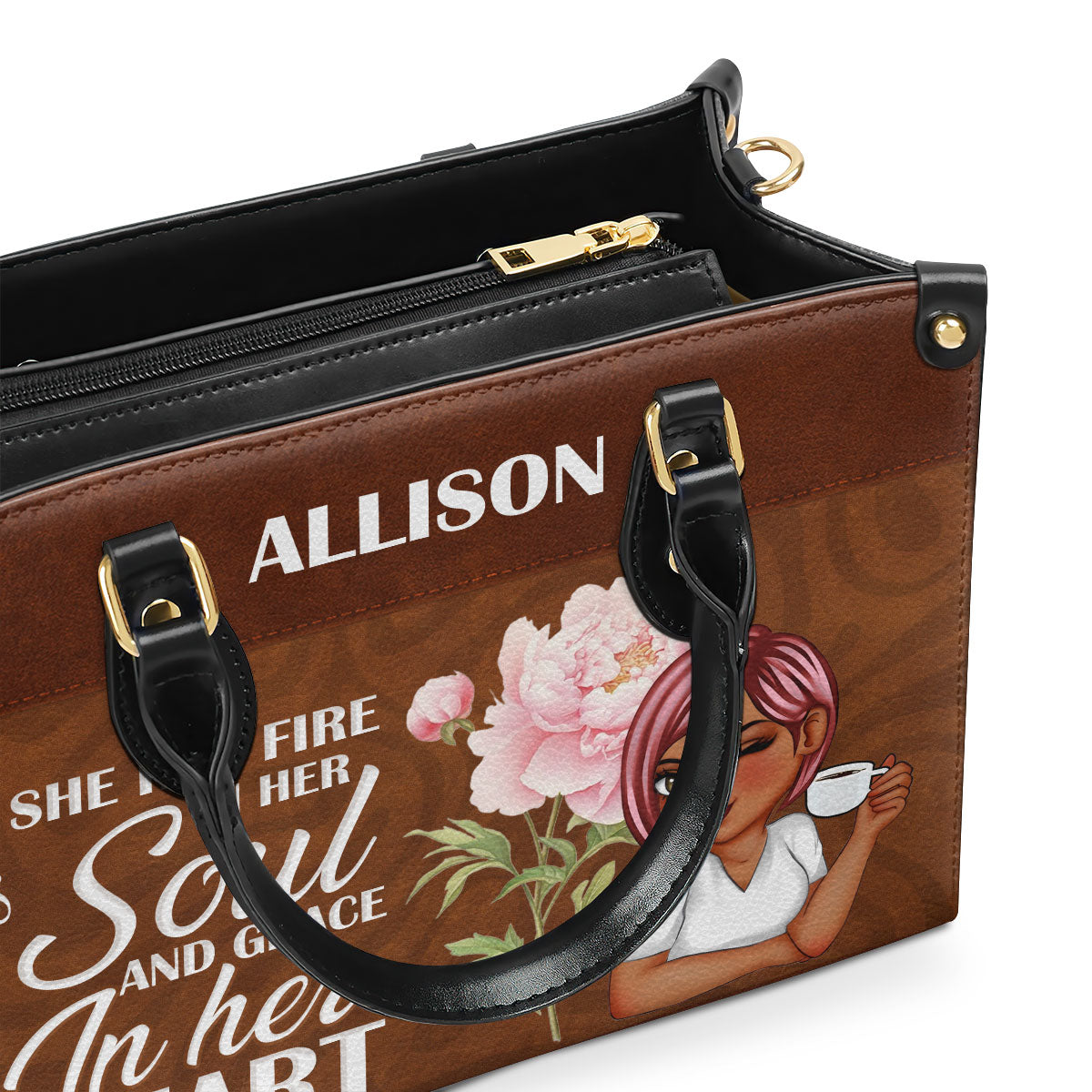 She Has Fire In Her Soul And Grace In Her Heart - Personalized Leather Handbag SBLHBLN1386M