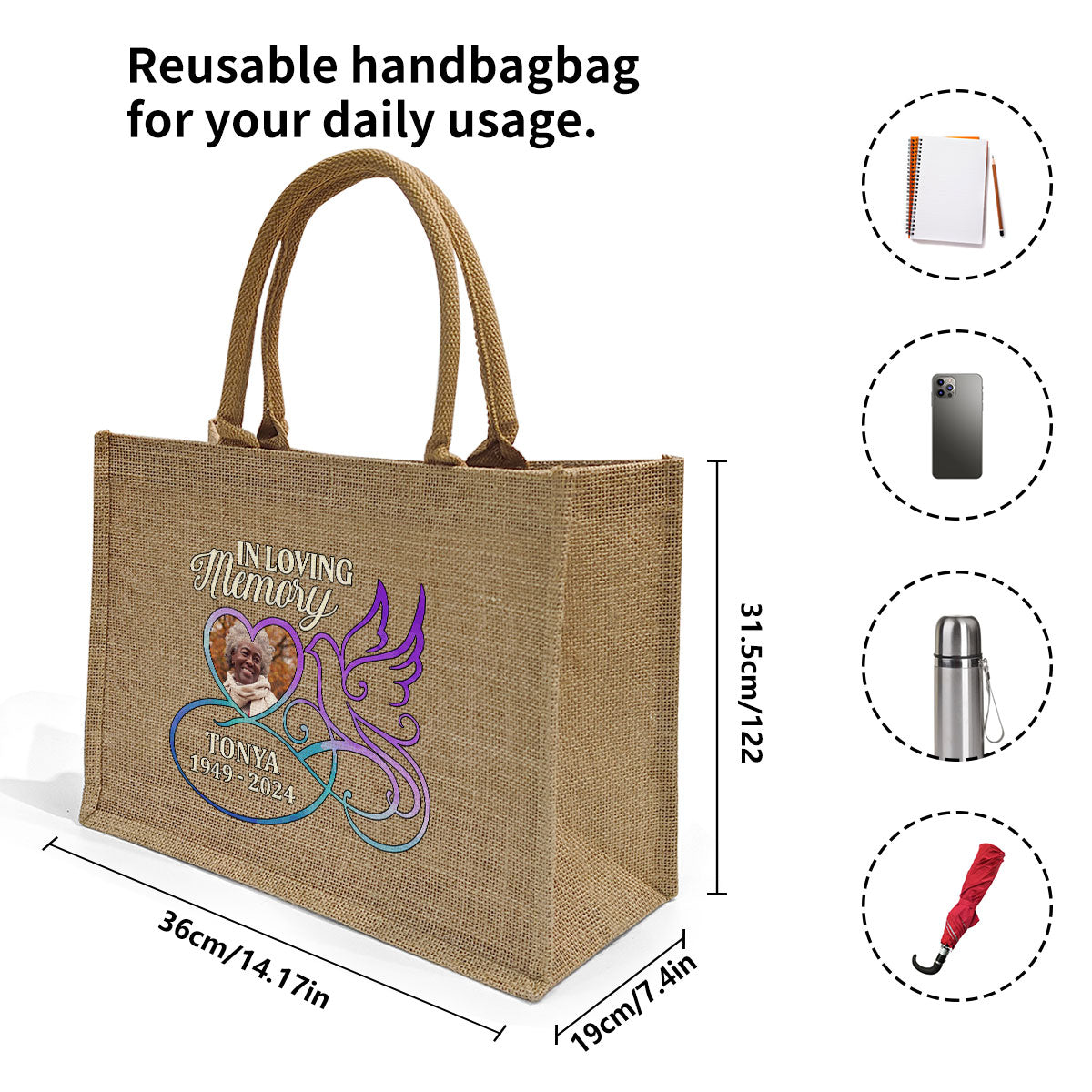 In Loving Memory Dove - Personalized Jute Tote Bag