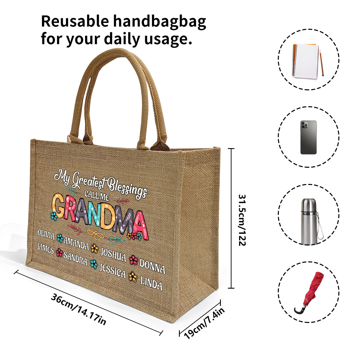 My Greatest Blessings Call Me Grandma - Personalized Jute Tote Bag