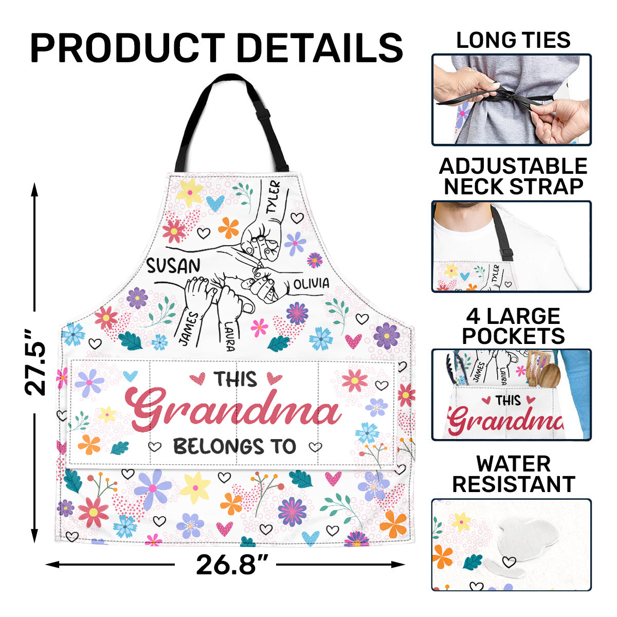 Grandma Holding Hands With Colorful Flowers - Personalized Apron With Packet