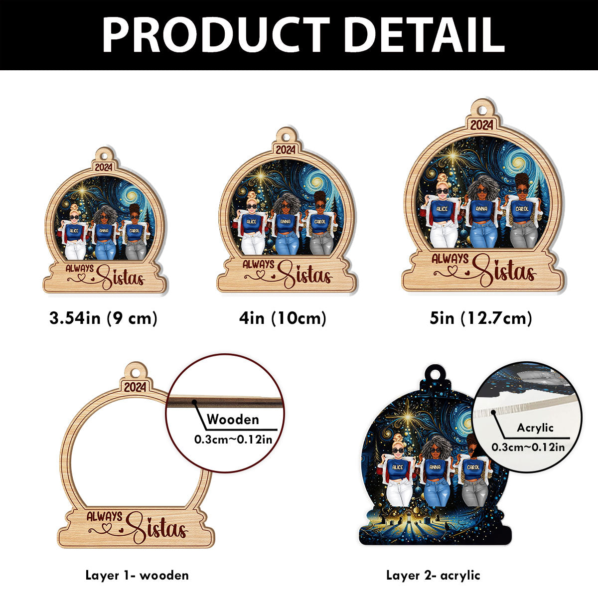 Always Sisters - Personalized Wood & Acrylic Ornament
