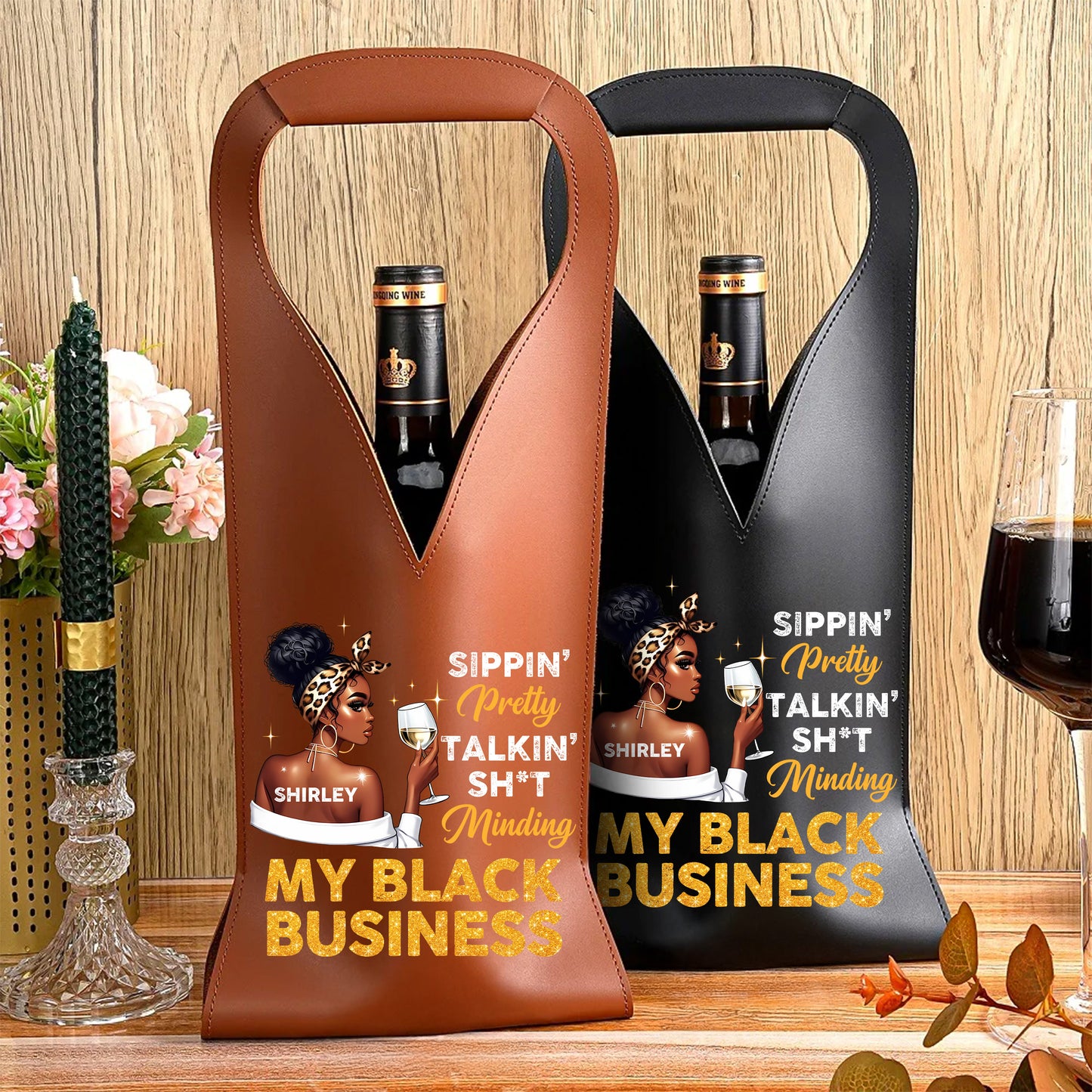 Minding My Black Business - Personalized Leather Wine Bag
