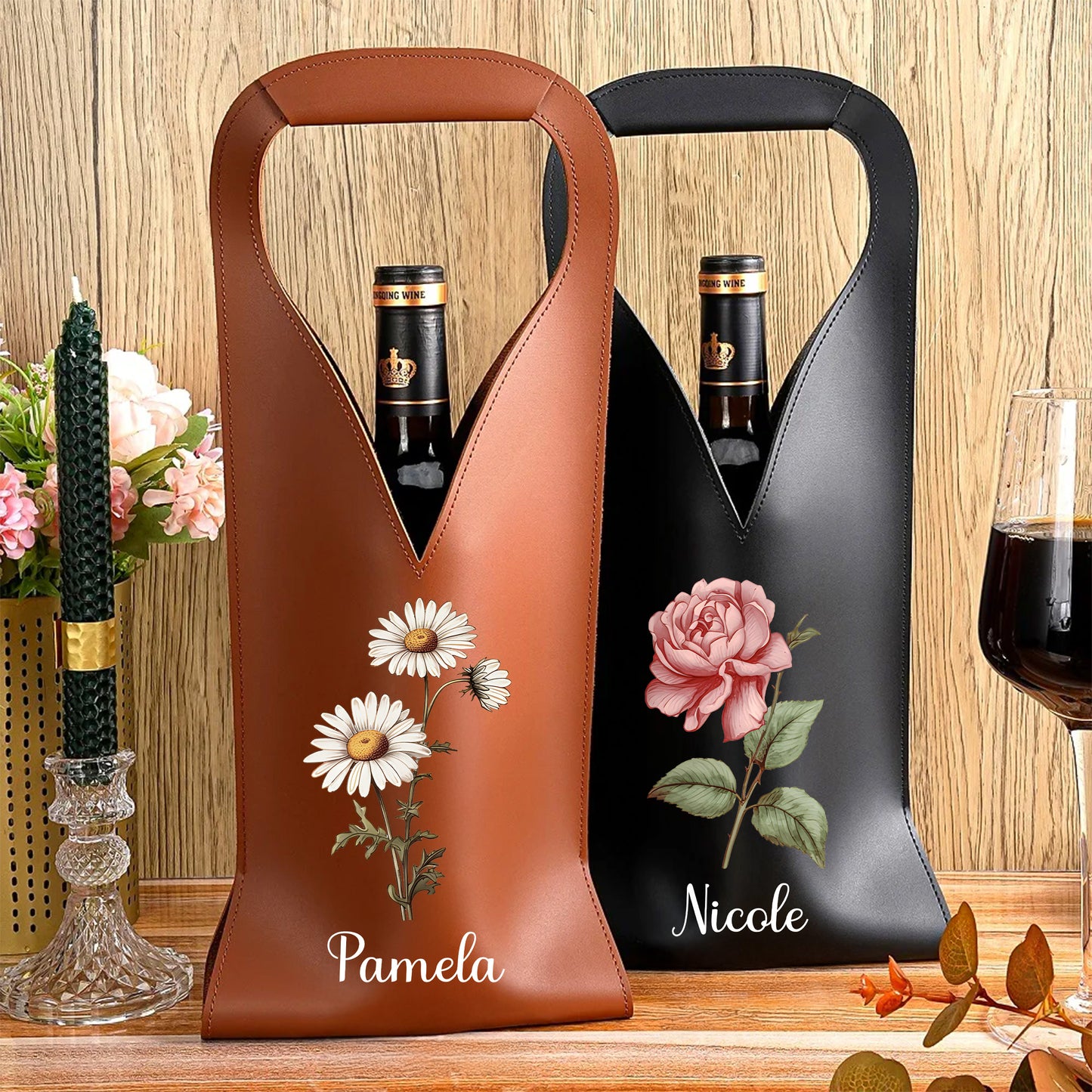 Birth Month Flower - Personalized Leather Wine Bag