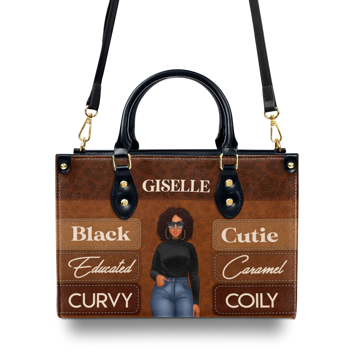 Black Educated Curvy Caramel Cutie Girl - Personalized Leather Handbag SBLHBLN948D