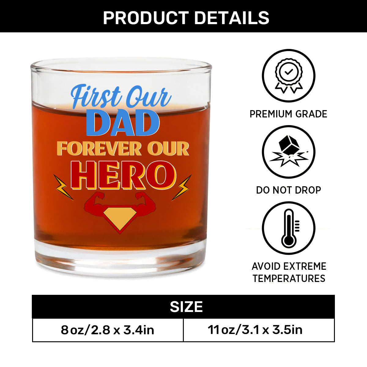 First Our Dad Forever Our Hero - Personalized Round Whiskey Glass