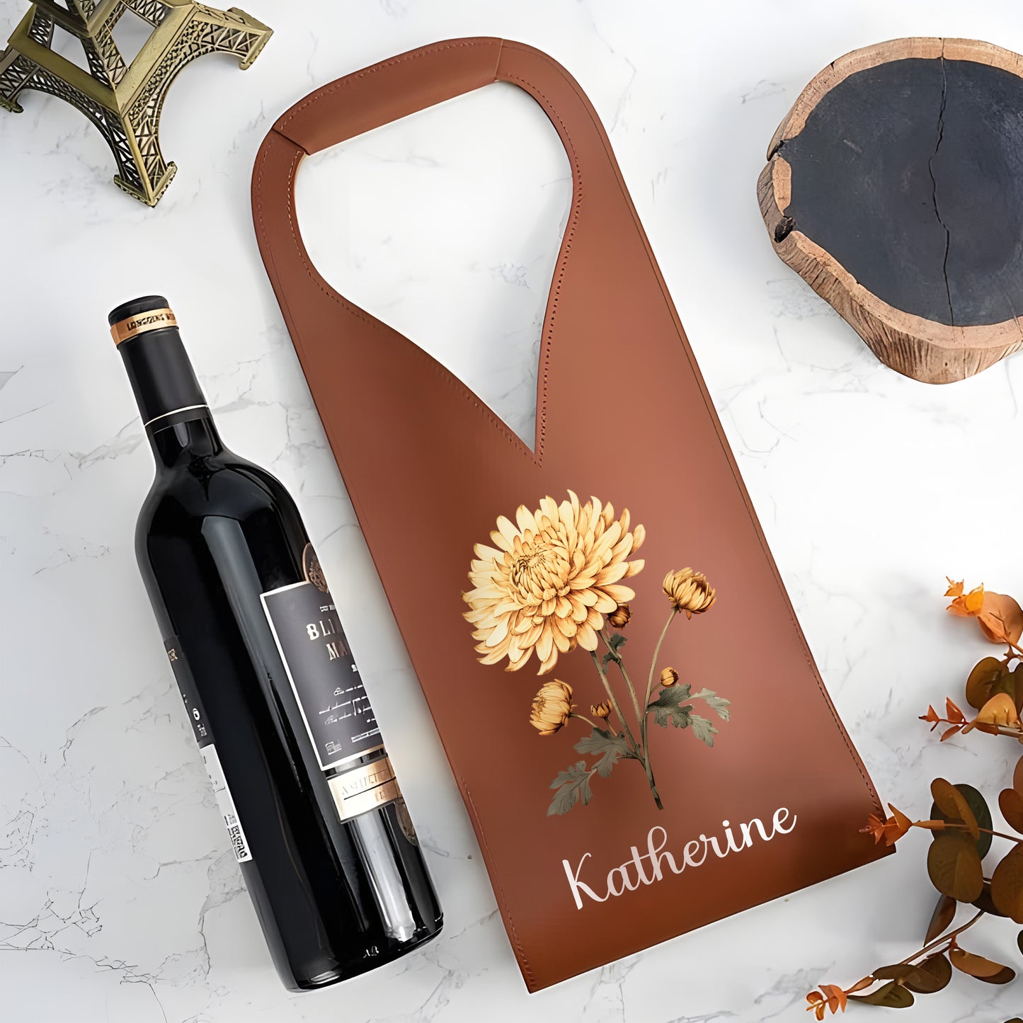 Birth Month Flower - Personalized Leather Wine Bag