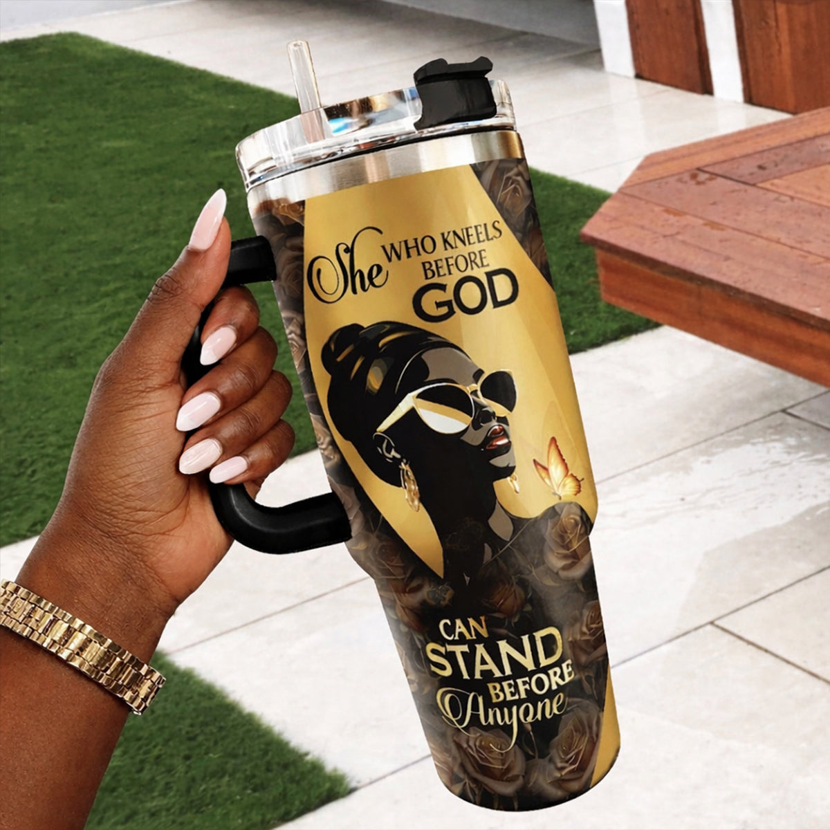 She Who Kneels Before God Can Stand Before Anyone - Personalized Stainless Steel Tumbler