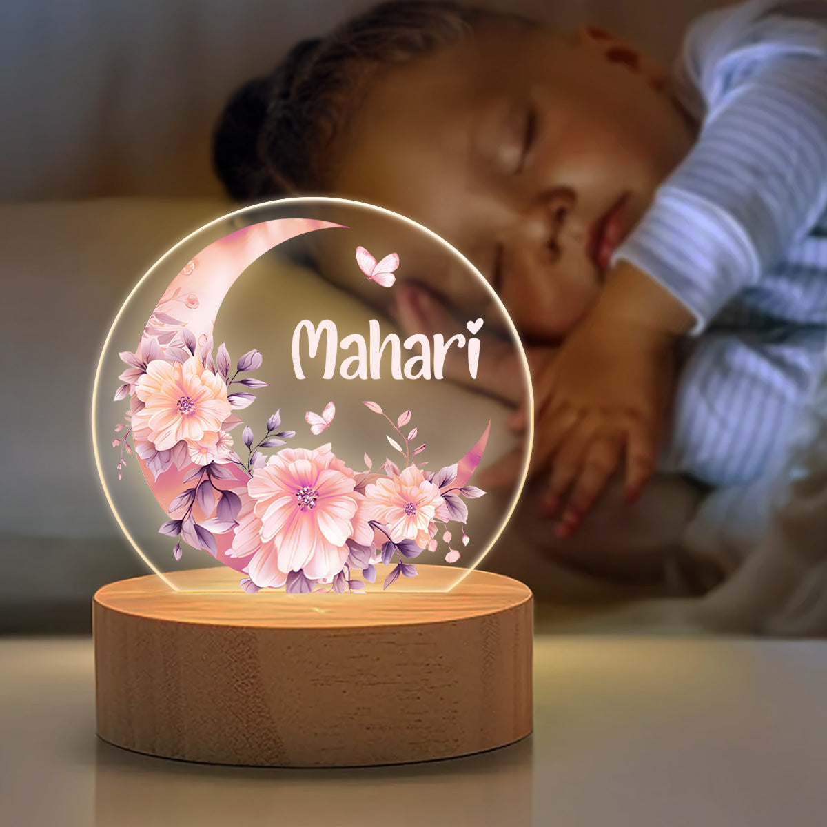 Floral Moon - Personalized Round Base LED Night Light