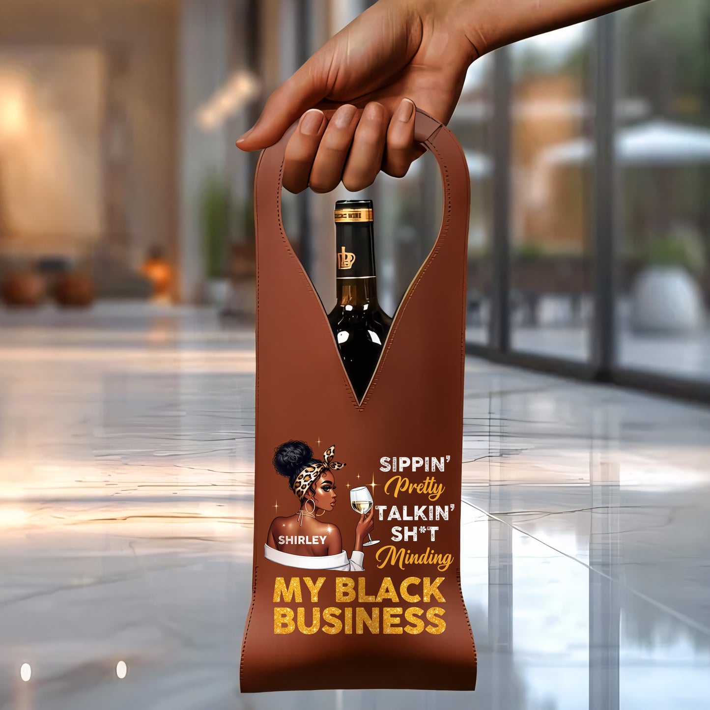 Minding My Black Business - Personalized Leather Wine Bag