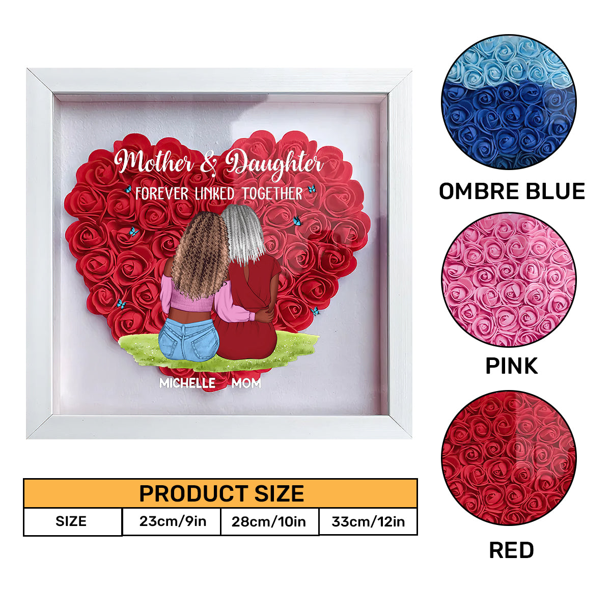 Mother And Daughter Forever Linked Together - Personalized Heart Flower Shadow Box