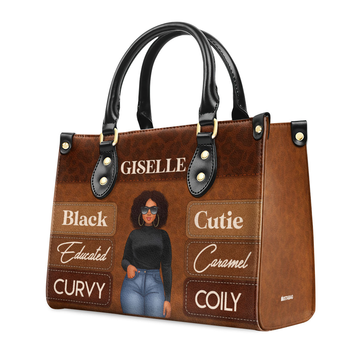 Black Educated Curvy Caramel Cutie Girl - Personalized Leather Handbag SBLHBLN948D