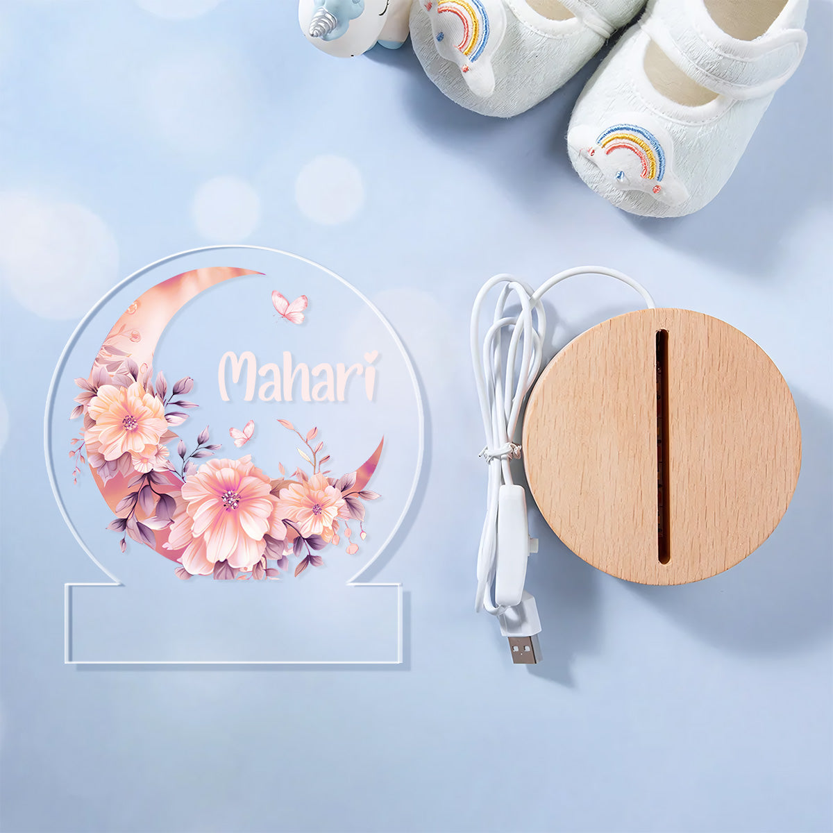 Floral Moon - Personalized Round Base LED Night Light
