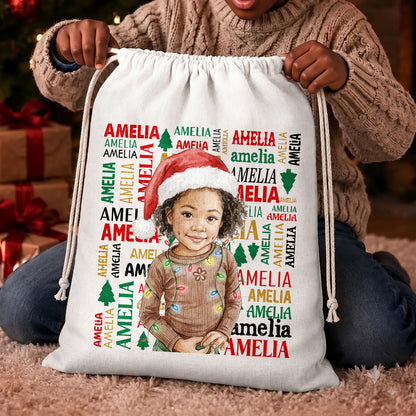 Custom Portrait Merry Little Moments - Personalized Drawstring Gift Bag