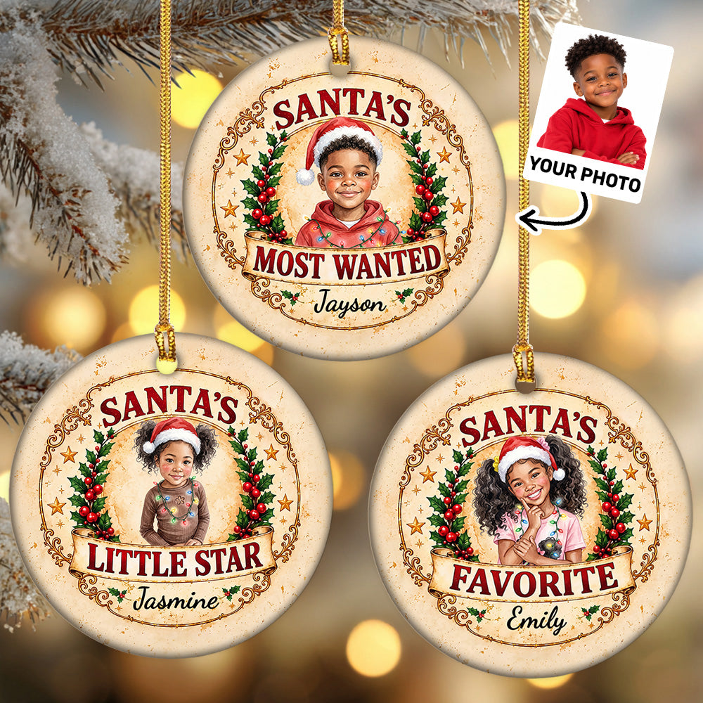 Custom Name Santa Portrait Christmas Keepsake - Personalized Round Shaped Ceramic Ornament