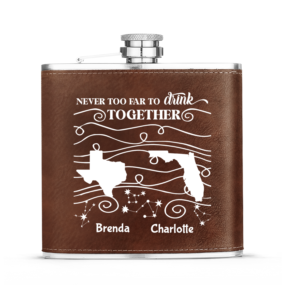 Never Too Far To Drink Together - Personalized Leather Flask SBLFLALM2510L