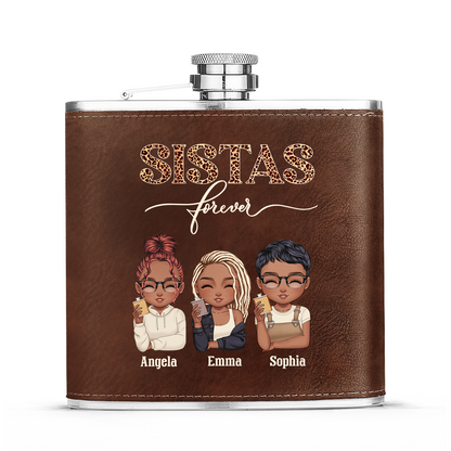 Sistas Forever - Personalized Leather Flask SBLFLALM2742L