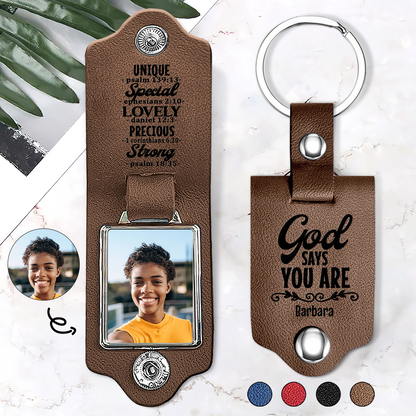 God Says You Are - Personalized Leather Photo Keychain SBLPKLM2370T