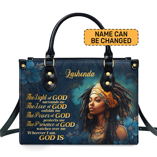 The Light Of God Surrounds Me - Personalized Purple Leather Handbag STB173