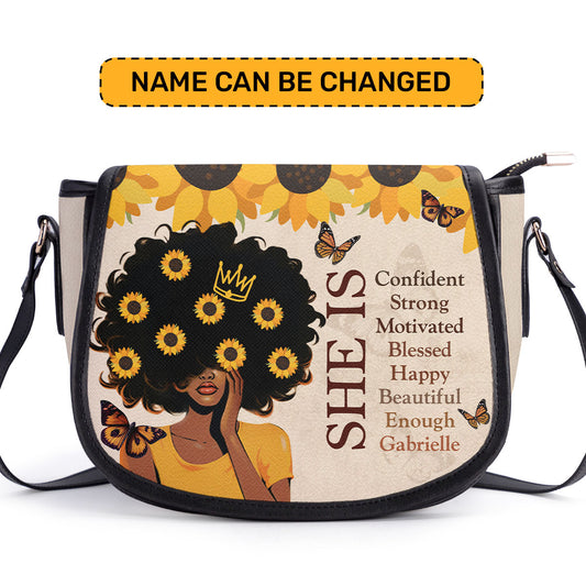She Is - Personalized Leather Saddle Cross Body Bag SB12