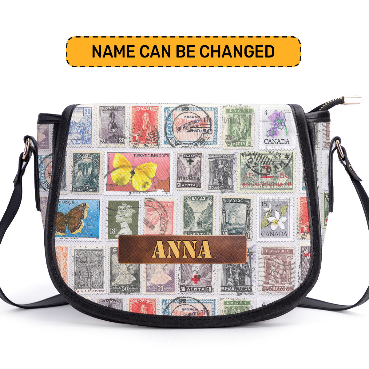 Vintage Postage Stamp - Personalized Leather Saddle Cross Body Bag SBLSDBT70