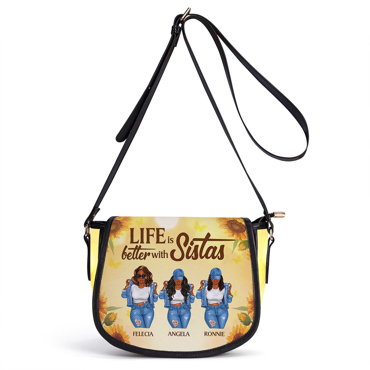 Life Is Better With Sistas - Personalized Leather Saddle Cross Body Bag STB01A