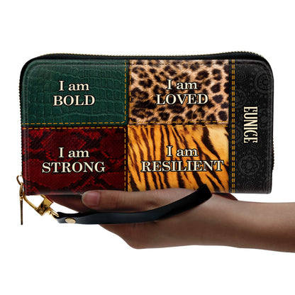 I am BOLD, LOVED, STRONG, RESILIENT - Personalized Leather Clutch Purse STB49