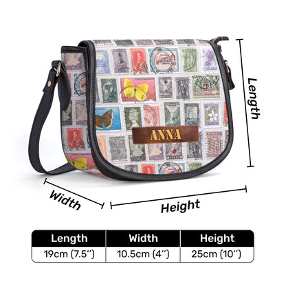 Vintage Postage Stamp - Personalized Leather Saddle Cross Body Bag SBLSDBT70