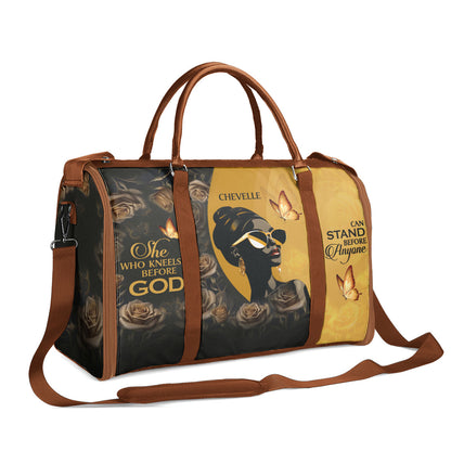 She Who Kneels Before God Can Stand Before Anyone - Personalized Leather Duffle Bag STB10