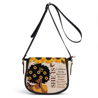 She Is - Personalized Leather Saddle Cross Body Bag SB12