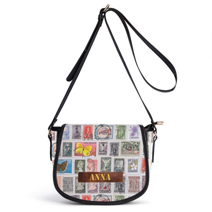 Vintage Postage Stamp - Personalized Leather Saddle Cross Body Bag SBLSDBT70