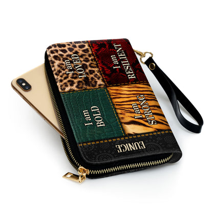 I am BOLD, LOVED, STRONG, RESILIENT - Personalized Leather Clutch Purse STB49