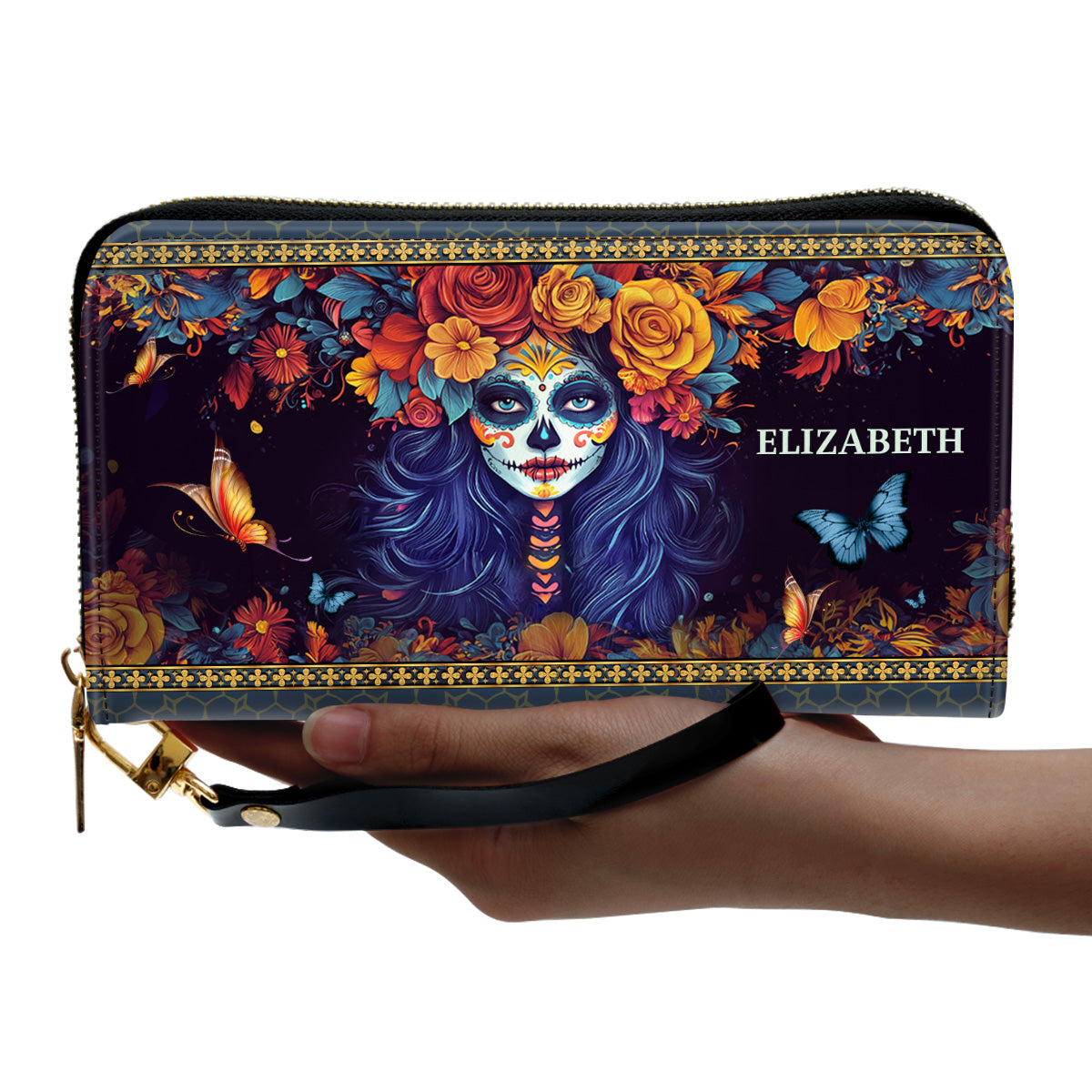 I Am Day Of The Dead Queen - Personalized Leather Clutch Purse SBCPLTU2627M