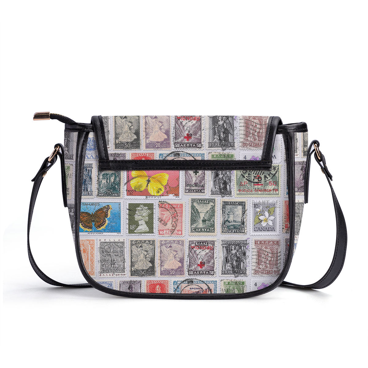 Vintage Postage Stamp - Personalized Leather Saddle Cross Body Bag SBLSDBT70