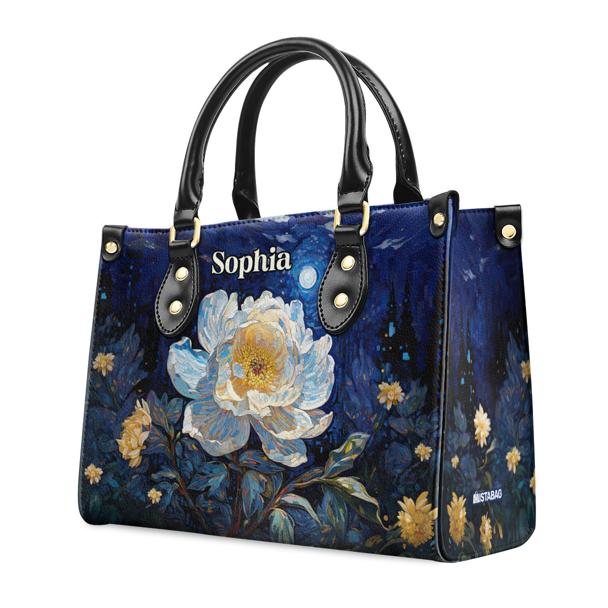 Peony Under The Starry Night - Personalized Leather Handbag MSM28