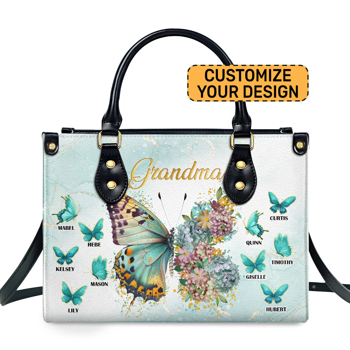 Grandma Butterfly Flower - Personalized Leather Handbag SBLHBLN1414TA