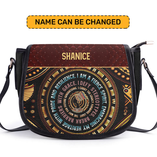 Mantra - I Am A Fierce Spirit- Personalized Leather Saddle Cross Body Bag MB03