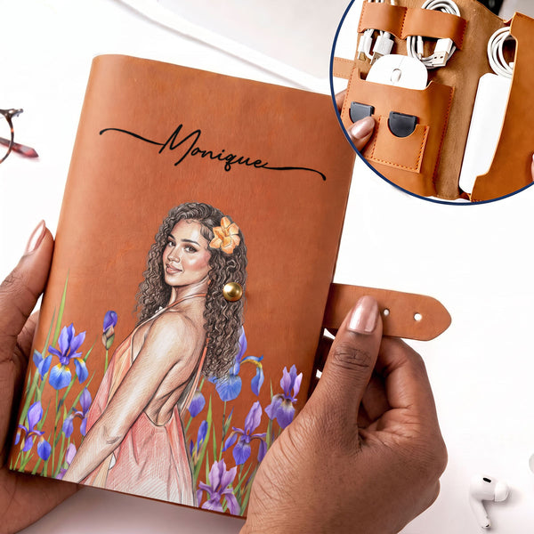 Custom Photo Colored Sketch Birth Month Flowers - Personalized Leather Cable Bag