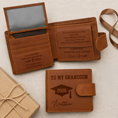 I'm In Heaven But I Won't Miss This Day - Personalized Men's Engraved Leather Wallet