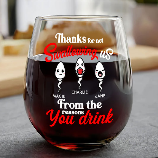 Thanks For Not Swallowing Us - Personalized Stemless Wine Glass