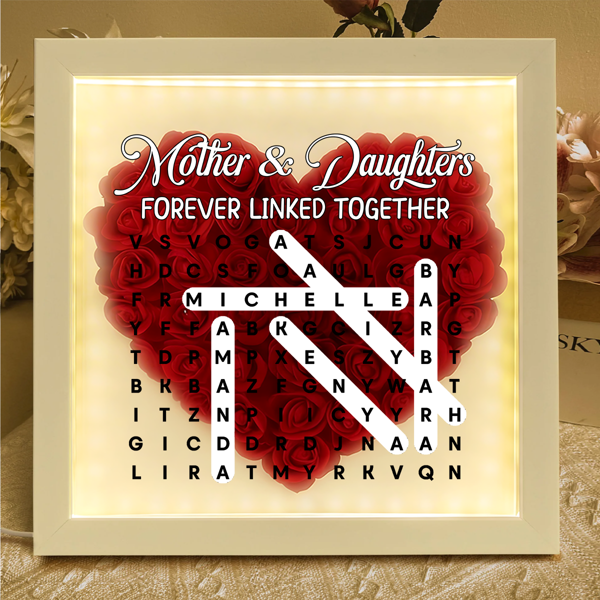Mother And Daughter Forever Linked Together - Personalized Heart Flower Shadow Box