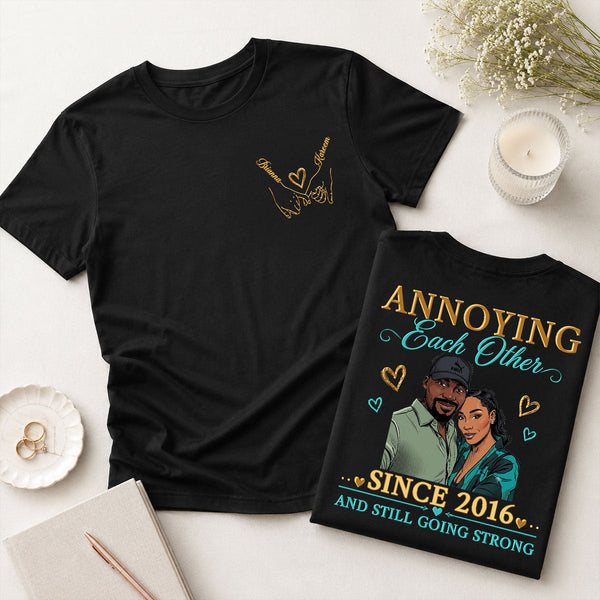 Custom Photo Comic Sketch Annoying Each Other - Personalized T-shirt With Front Back Design
