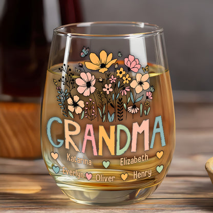 Grandma Flower - Personalized Stemless Wine Glass