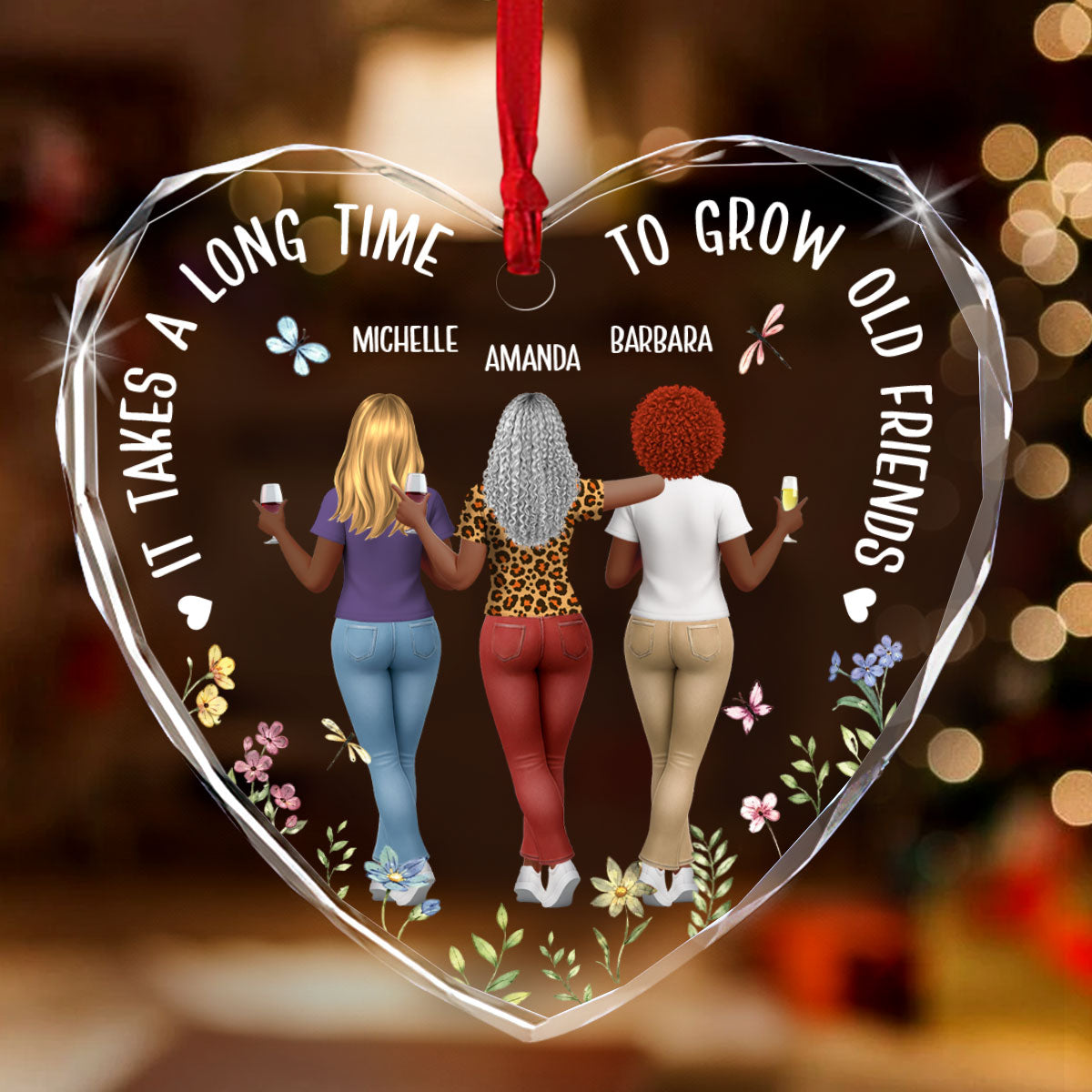 It Takes A Long Time To Grow Old Friends - Personalized Heart Shaped Glass Ornament