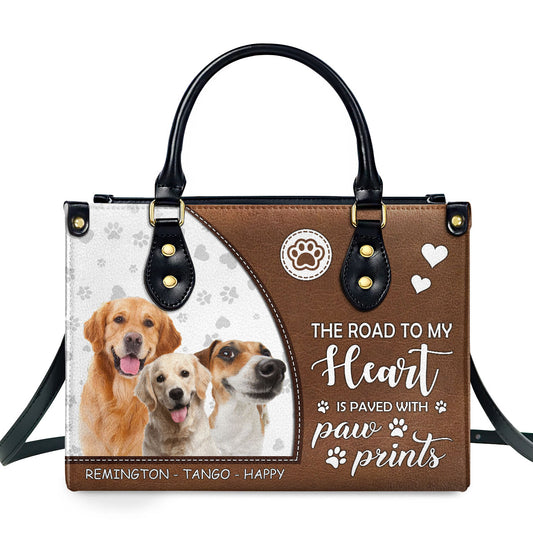 The Road To My Heart Is Paved With Paw Prints - Personalized Leather Handbag SBLHBLL2038M