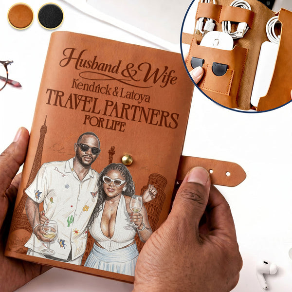 Custom Photo Colored Pencil Sketch Portrait Travel Partners For Life - Personalized Leather Cable Bag