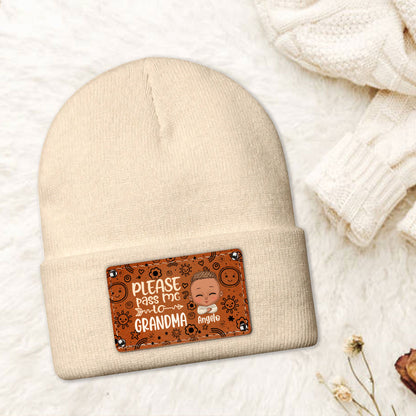 Please Pass Me To My Grandma - Personalized Leather Knitted Beanie SBLKBLM2173M